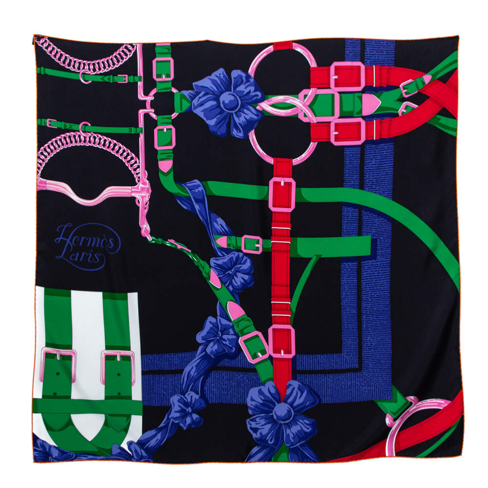 Pre Owned Hermes Black Grand Manege Detail Silk Square Scarf