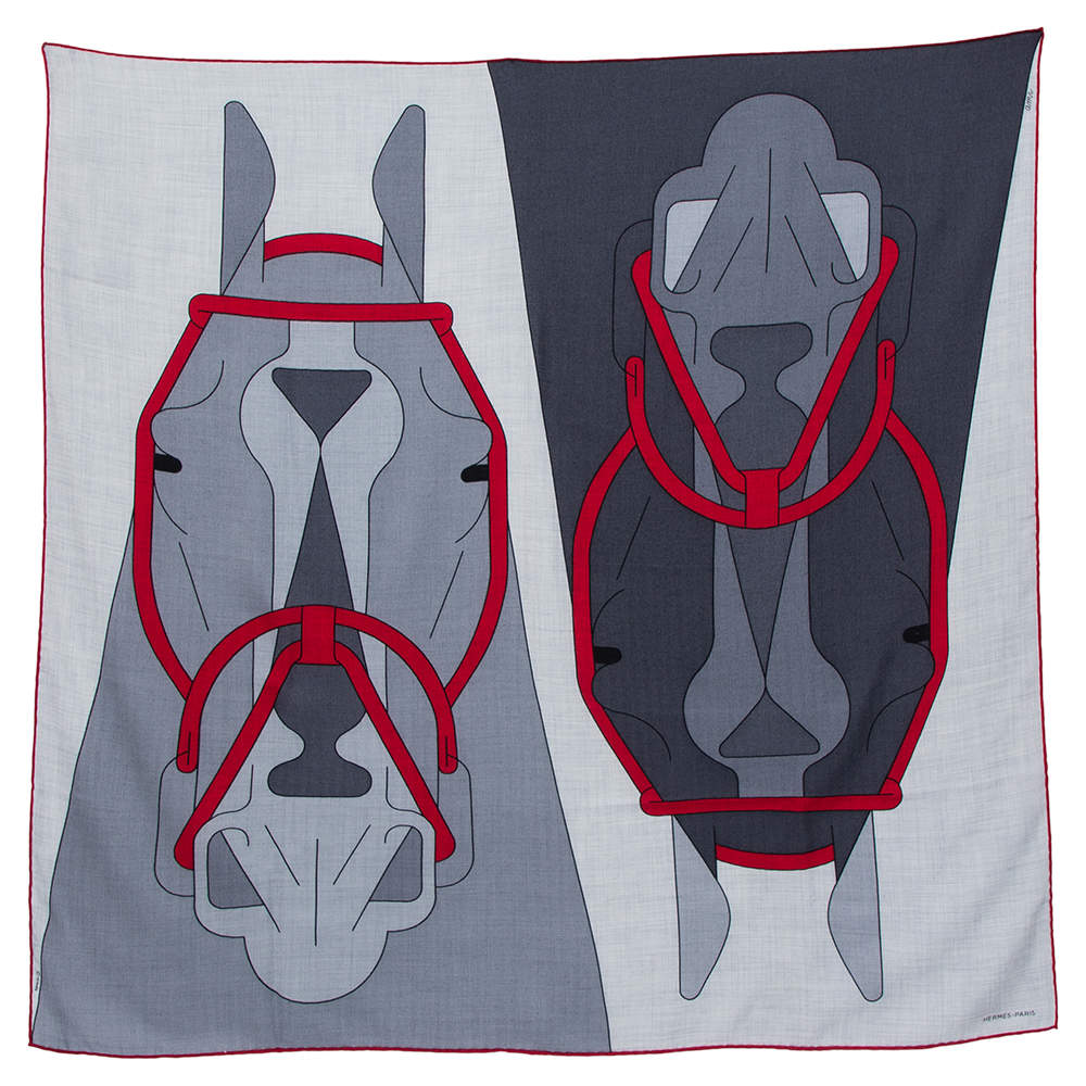 Pre Owned Hermes Grey & Red Tete-a-Tete Equestre Cashmere & Silk Scarf