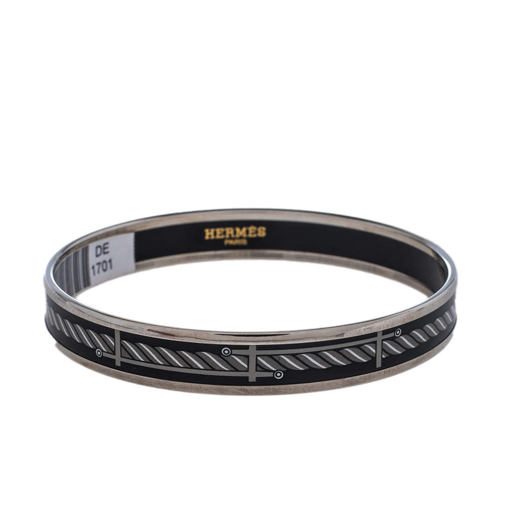 Pre Owned Hermès Sans Coloris Narrow Enamel Palladium Plated Bangle Bracelet
