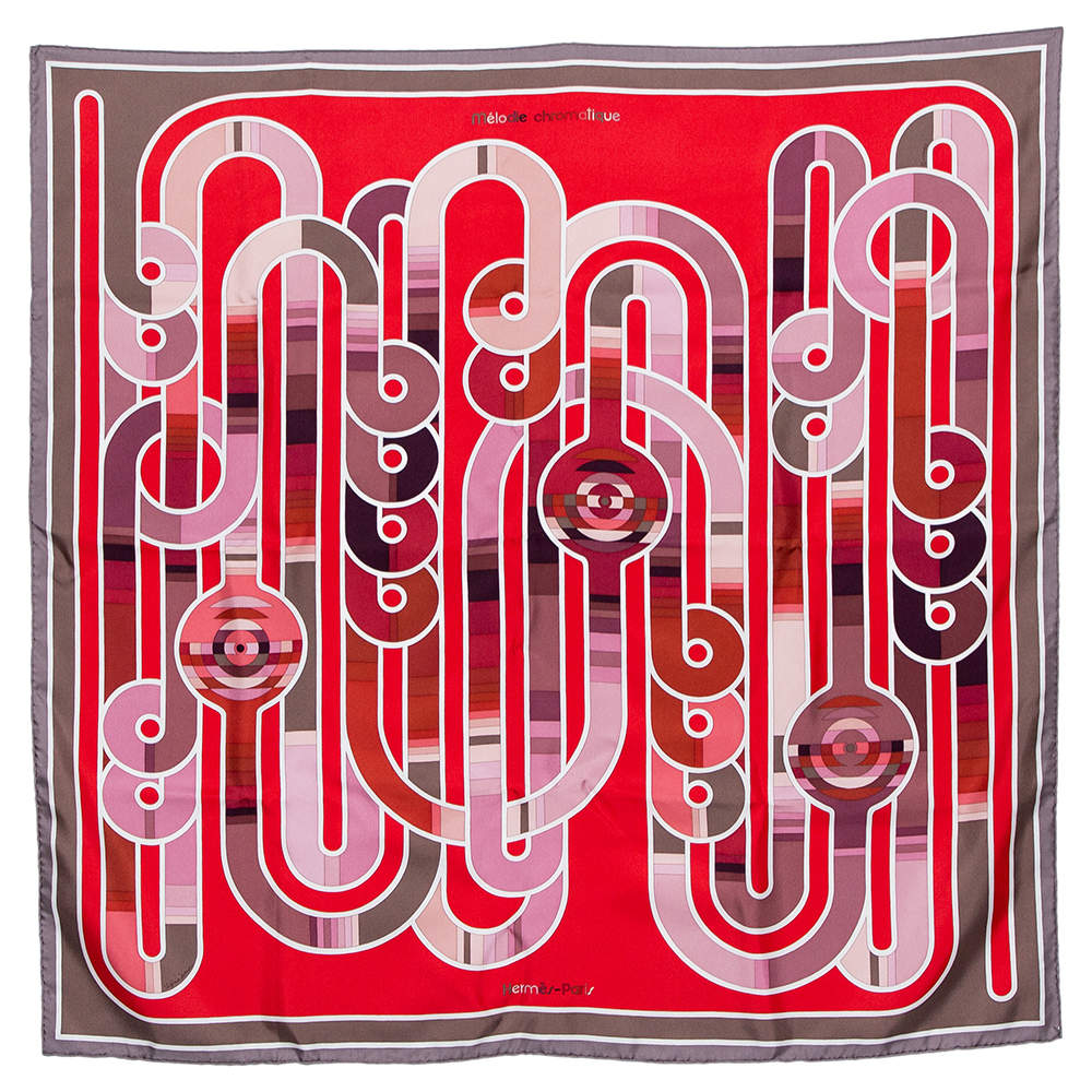 Pre Owned Hermes Red & Rouge Melodie Chromatique Silk Scarf