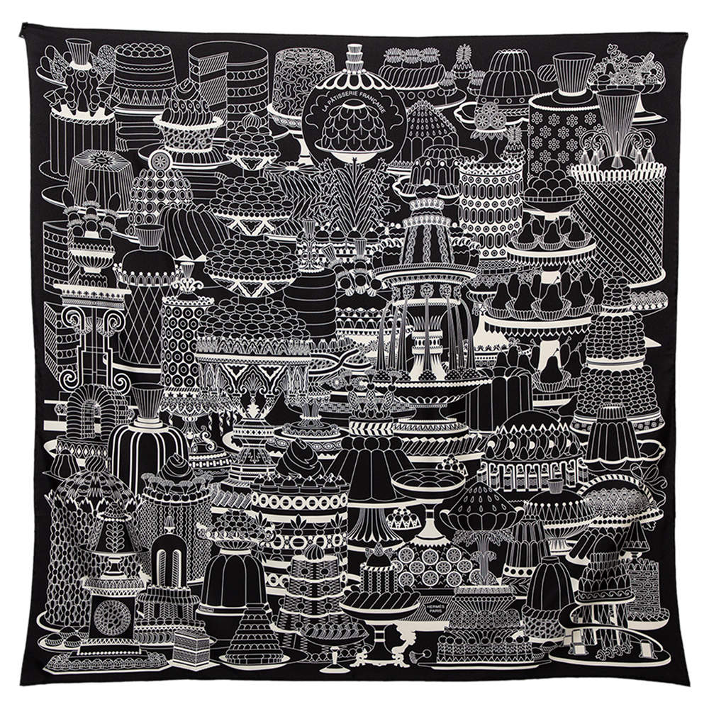 Pre Owned Hermes Black La Patisserie Francaise Silk Twill Square Scarf