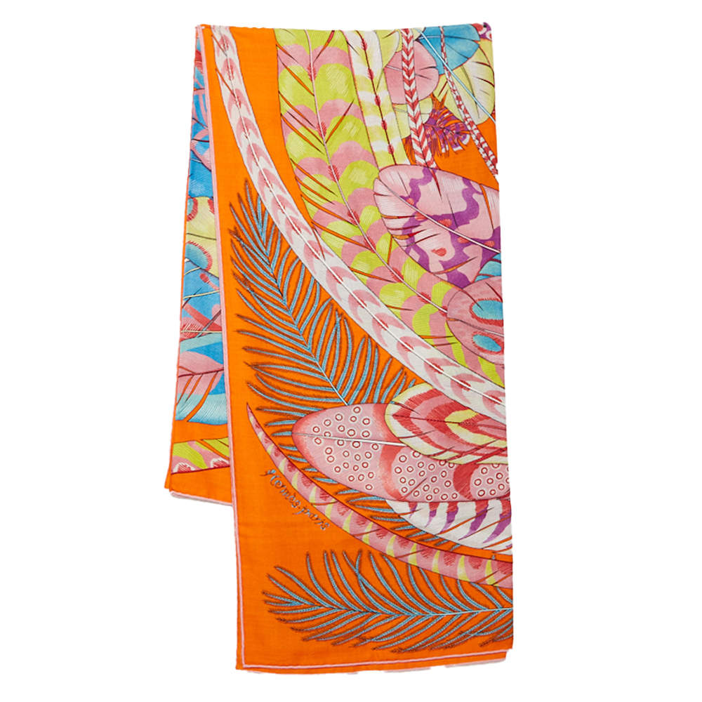 Pre Owned Hermés Orange Plumes En Fete Cashmere & Silk Scarf