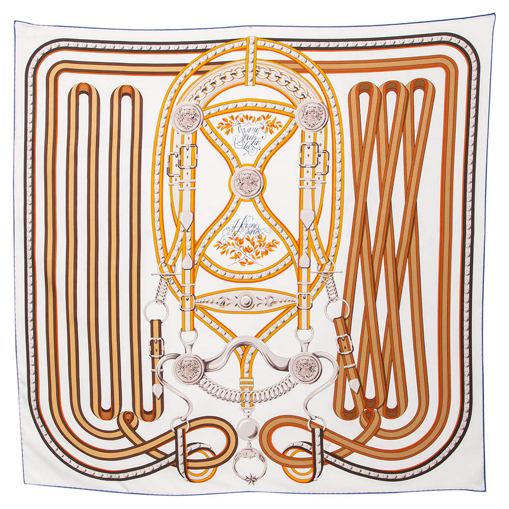 Pre Owned Hermes White Grand Tralala Silk Twill Scarf