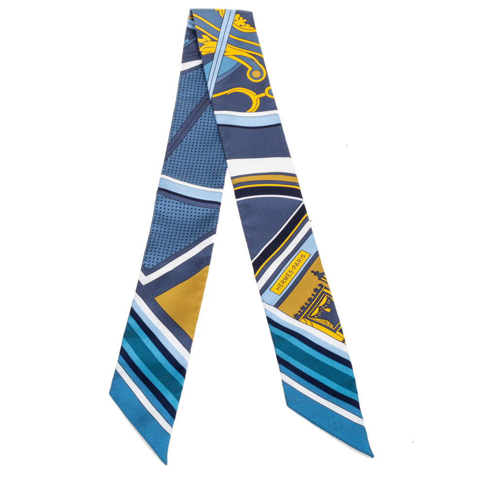 Pre Owned Hermes Blue Printed Silk Twilly