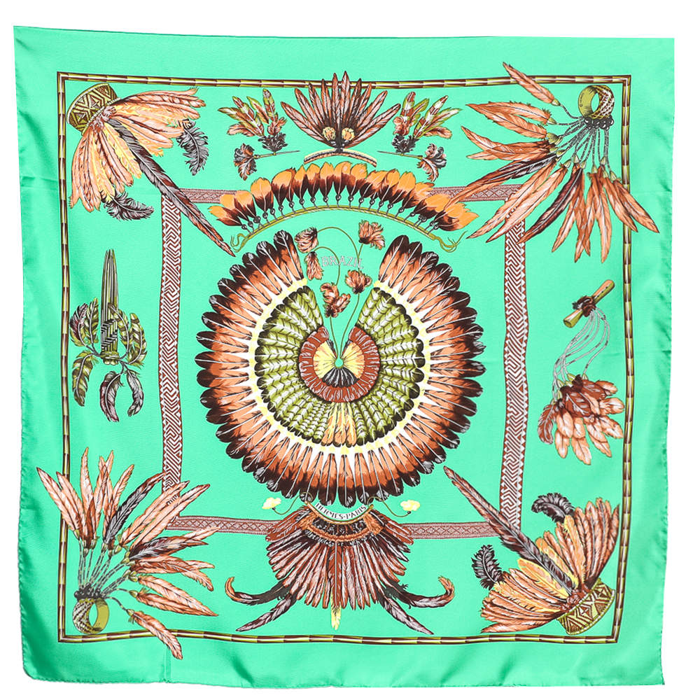 Pre Owned Hermes Green Brazil Printed Silk Square Scarf