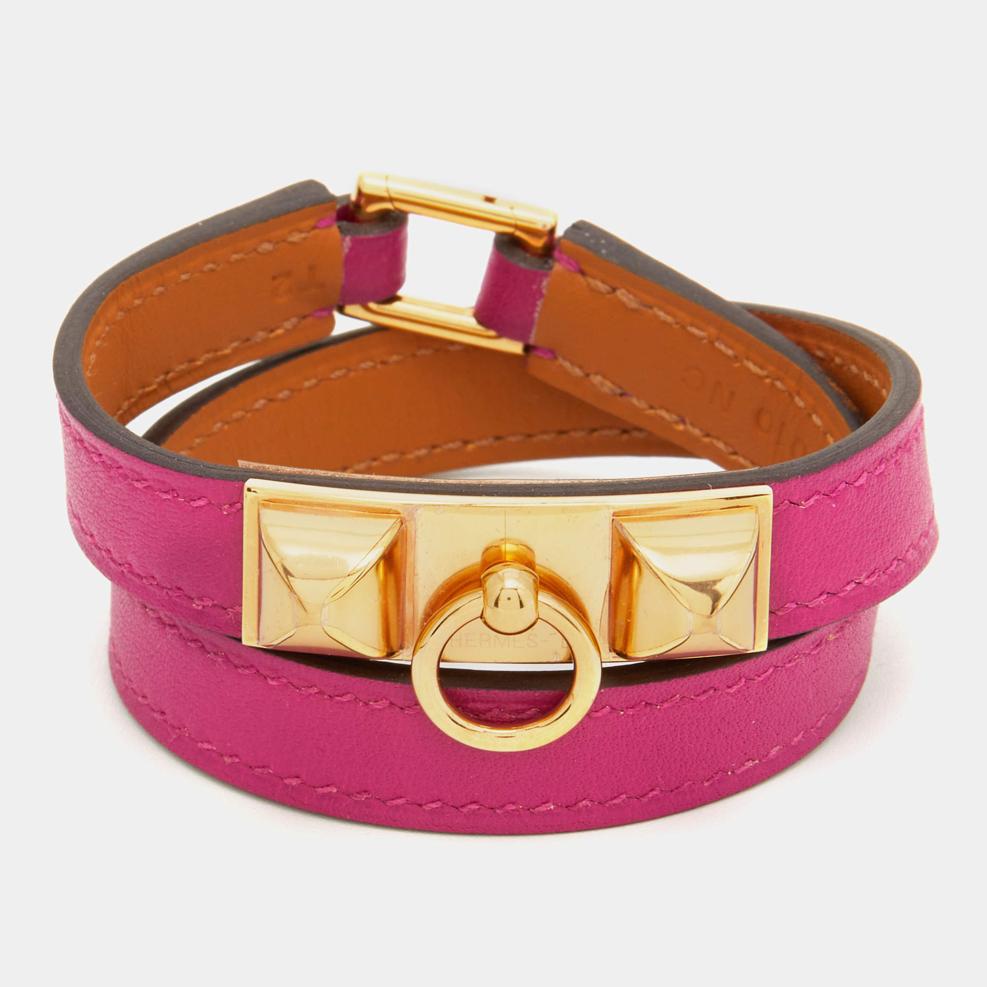 Pre Owned Hermes Rose Pourpre Leather Gold Plated Rivale Double Tour Bracelet T2