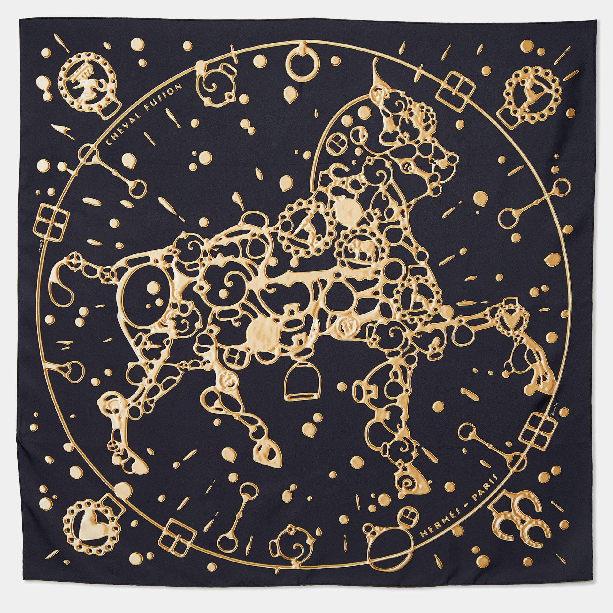 Pre Owned Hermès Black & Gold Cheval Fusion Silk Scarf