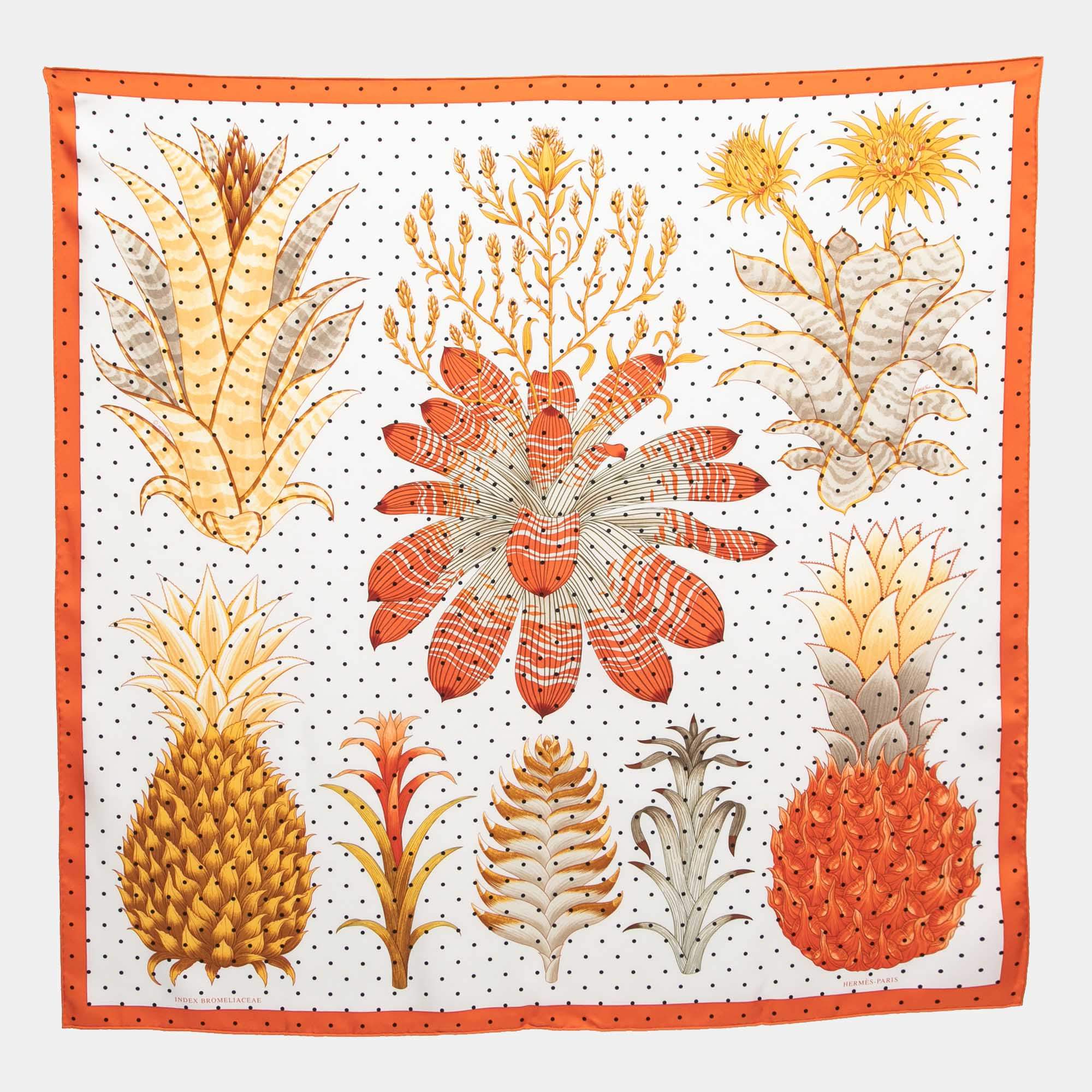 Hermes Orange/White Index Bromeliaceae Print Silk Square Scarf
