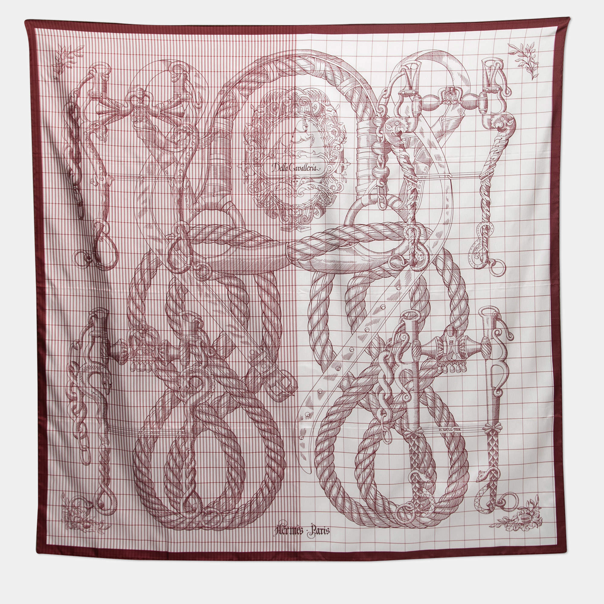 Pre Owned Hermes Bordeaux/Blanc Della Cavalleria Finesse Silk Scarf