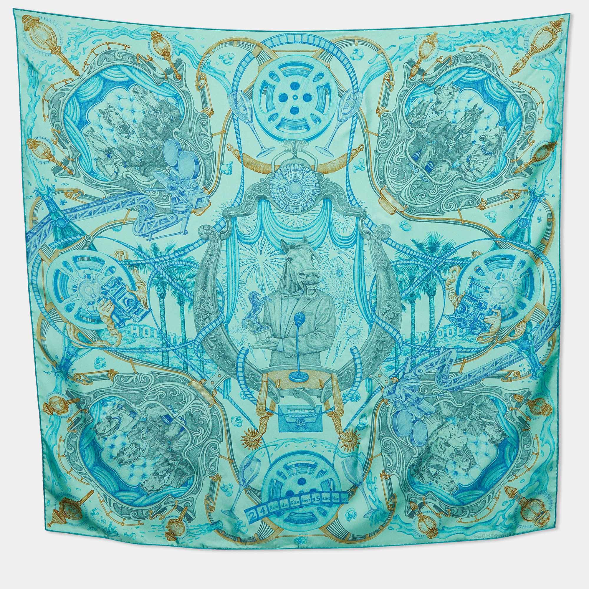 Pre Owned Hermes Light green The Horsawards printed Silk Square Scarf