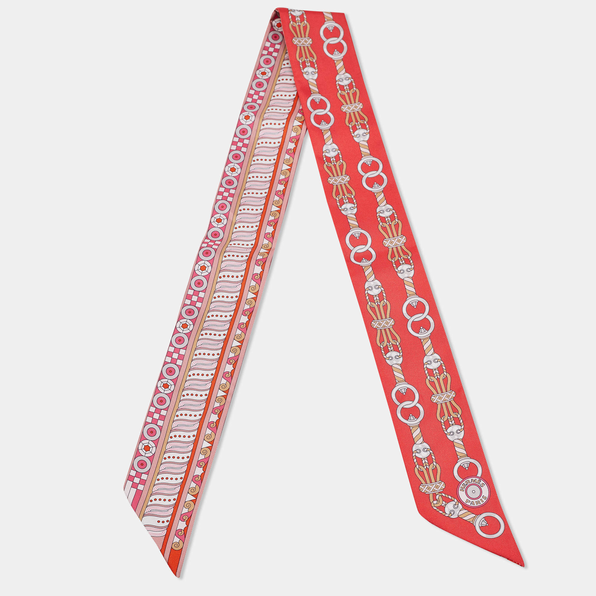 Hermès Red Harnais En Rosace Silk Twilly 