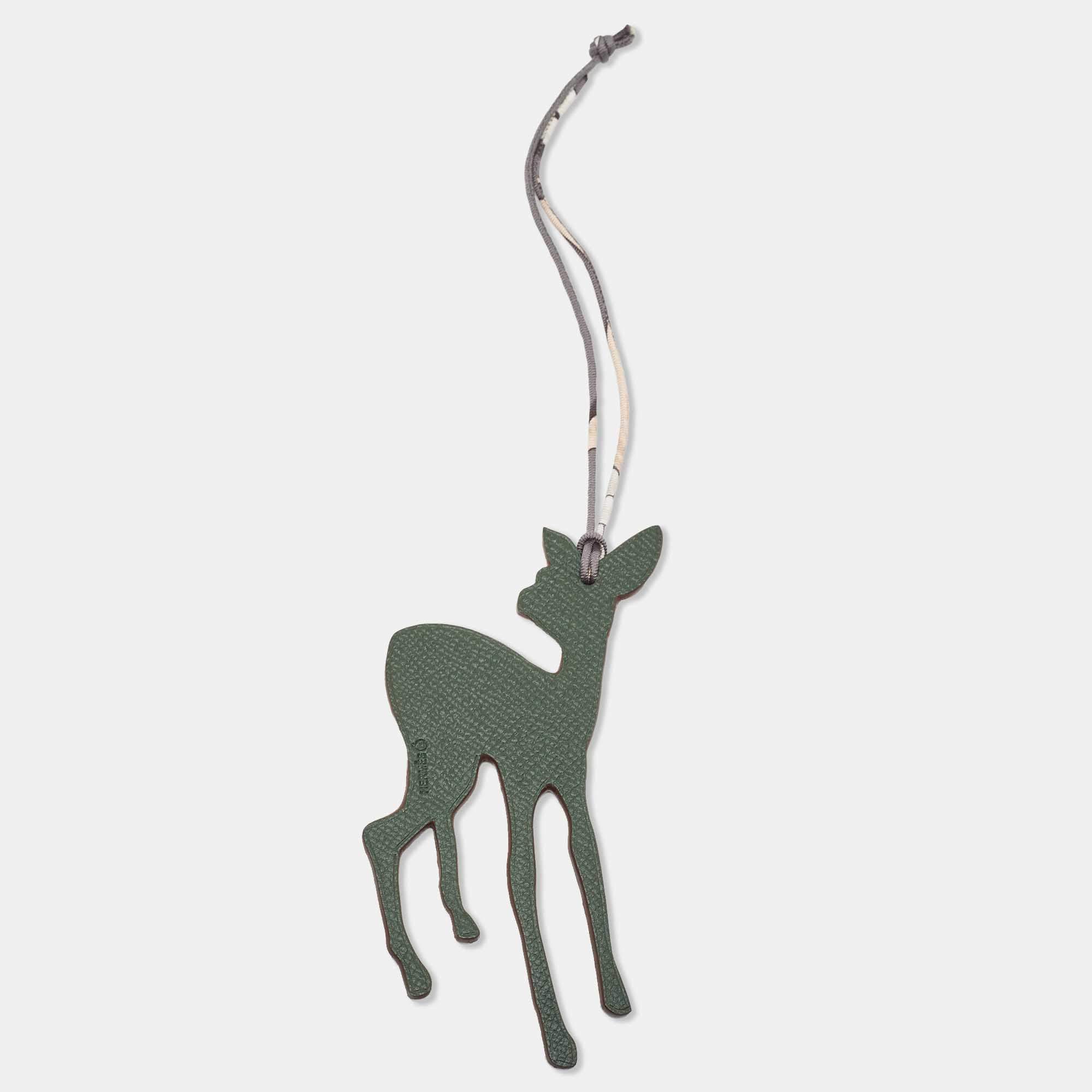 Hermès Taupe/Vert Anglais Epsom and Togo Leather Petit H Fawn Bag Charm
