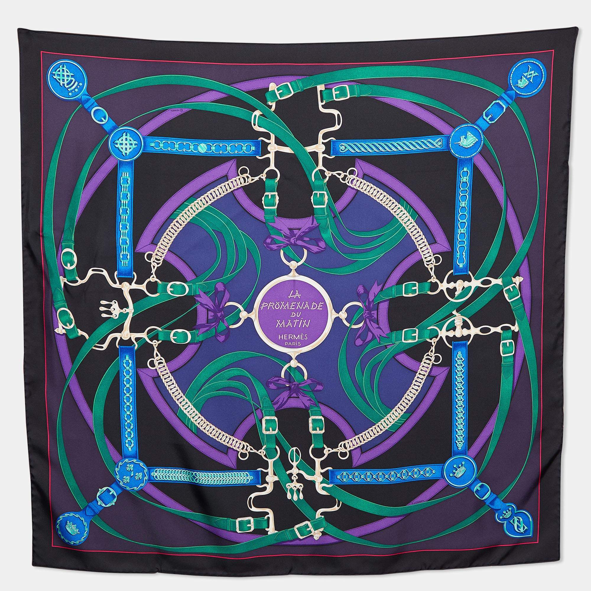 Pre Owned Hermes Black La Promenade du Matin Silk Scarf