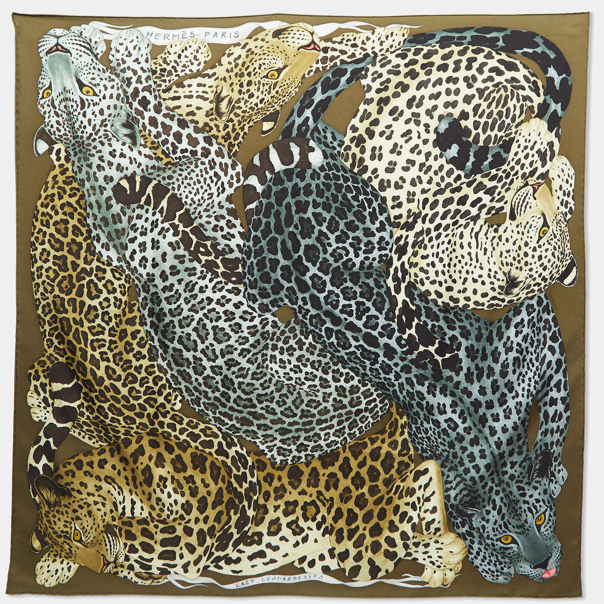 Pre Owned Hermès Khaki Green Print Silk Lazy Leopardesses Square Scarf