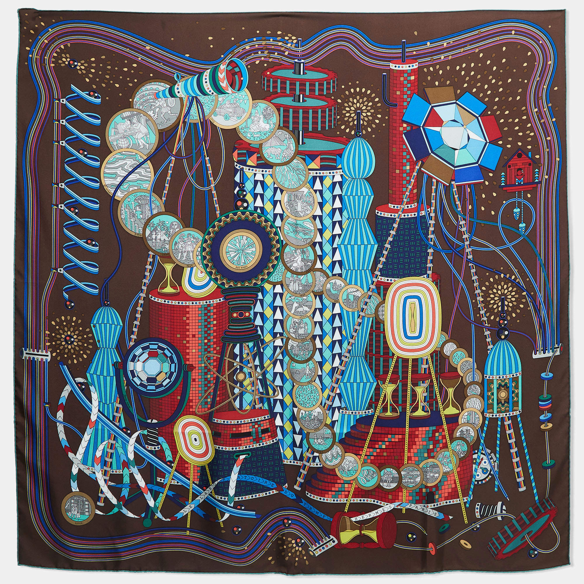 Pre Owned Hermès Brown Print Silk Le Laboratoire Du Temps Square Scarf