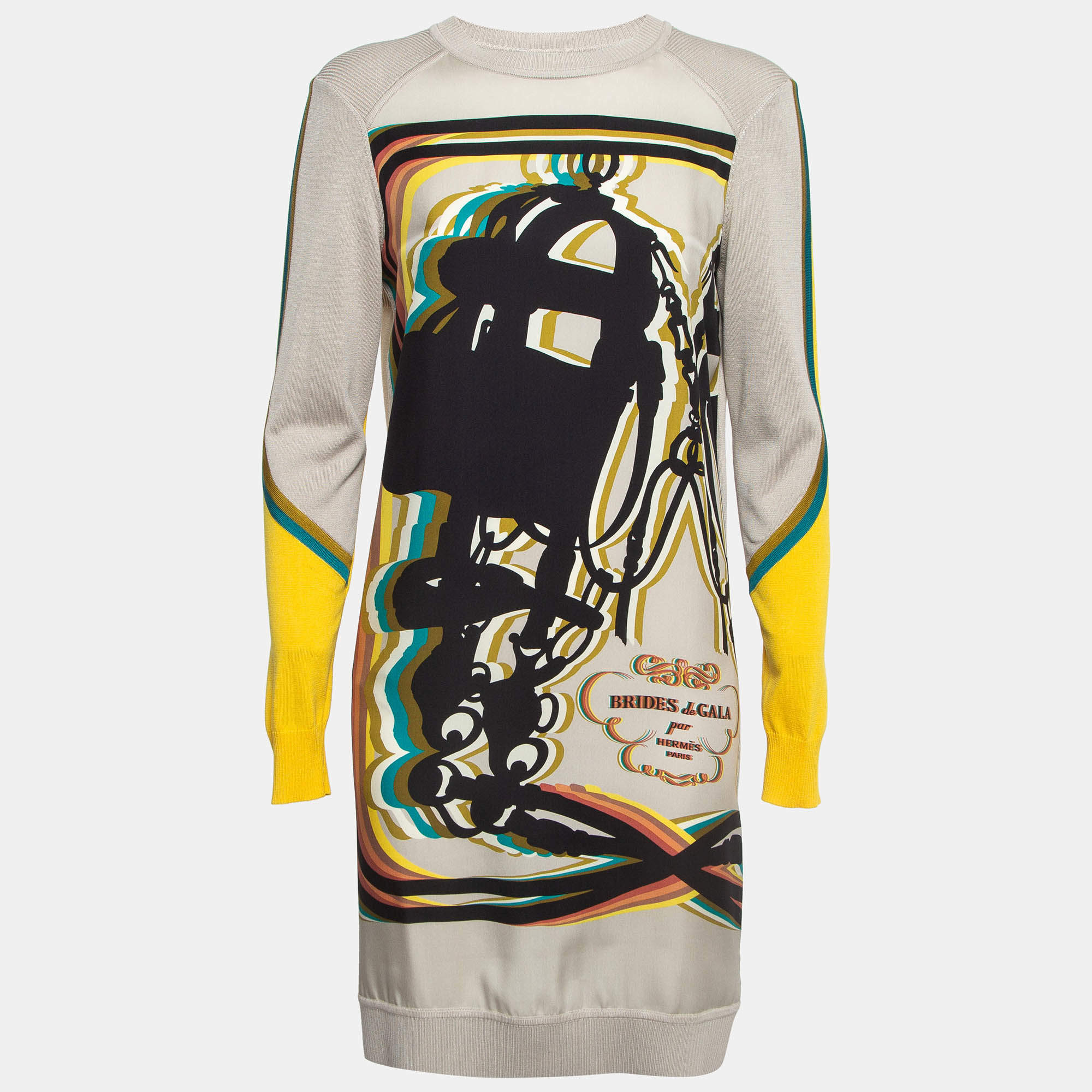 Pre Owned Hermes Beige 'BRIDES de GALA' print Silk and Knit Short Dress S