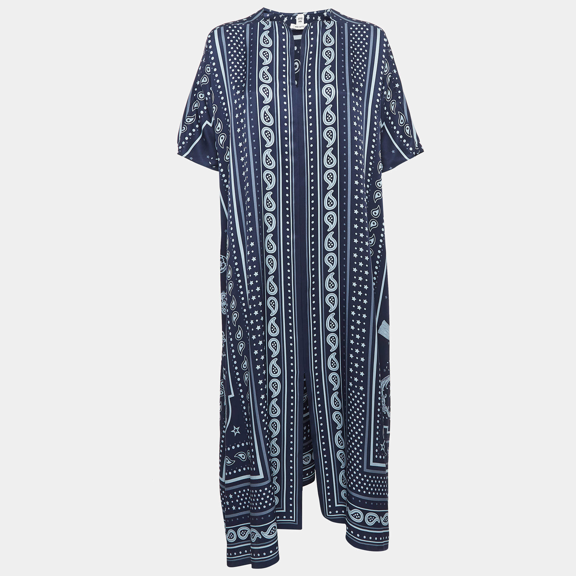 Hermes Navy Blue Printed Silk Twill Kaftan Midi Dress M