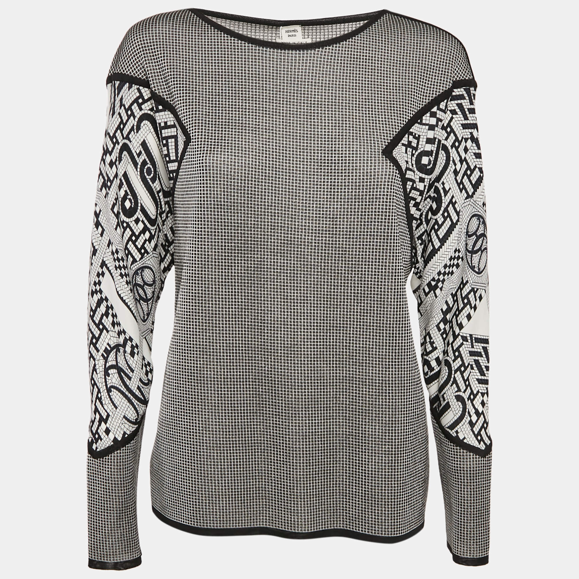 Hermes Black Printed Silk and Silk Knit Mosaique du Faubourg Top M