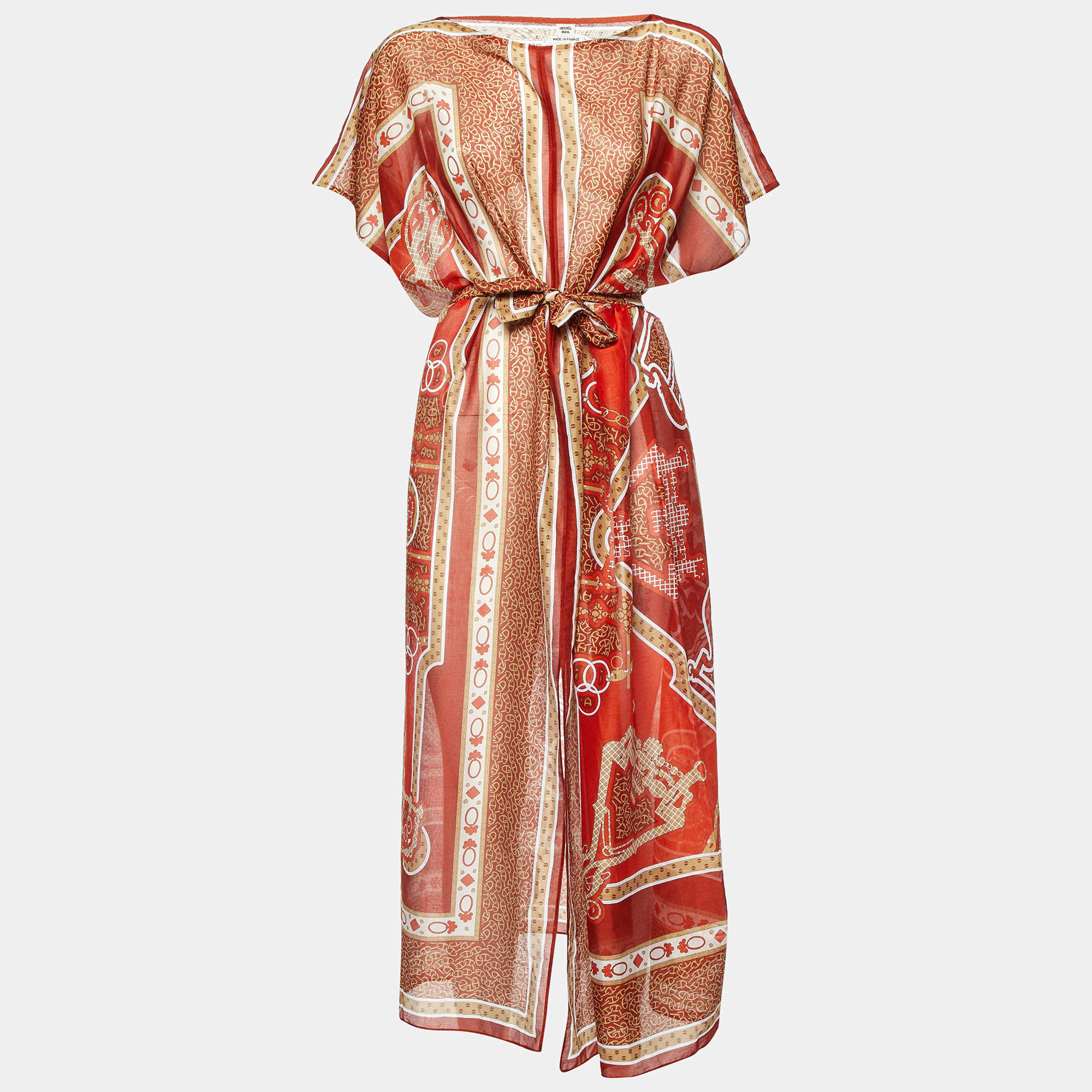 Pre Owned Hermes Brown Mors et Gourmettes Cotton Beach Kaftan Dress One Size