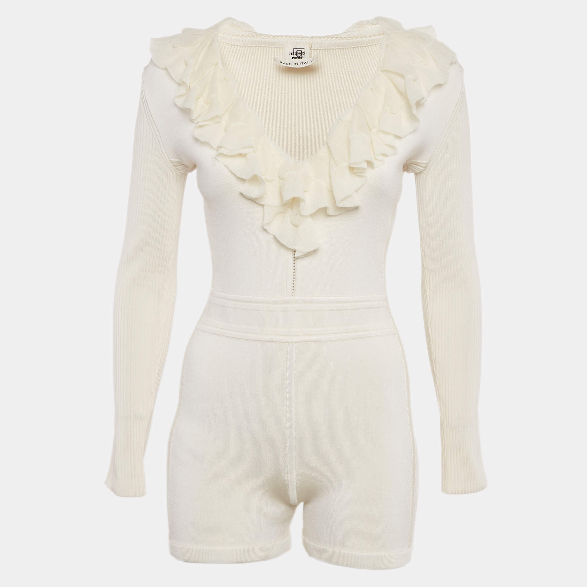 Pre Owned Hermes Off-White Silk Blend Knit Ruffled Playsuit S