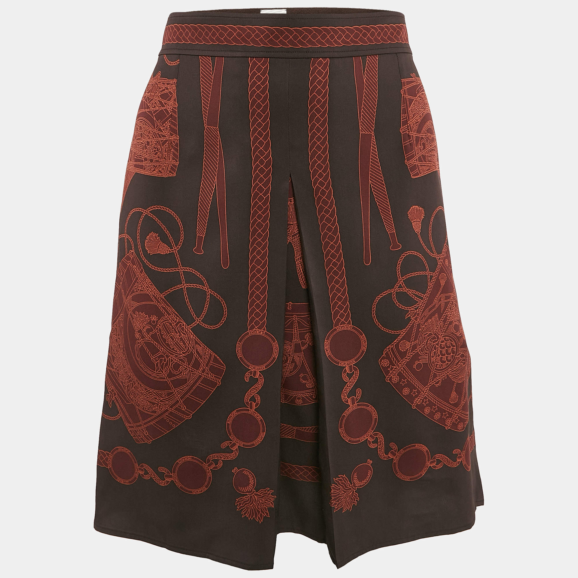 Hermès Brown Les Tambour Drum Print Silk Short Skirt M