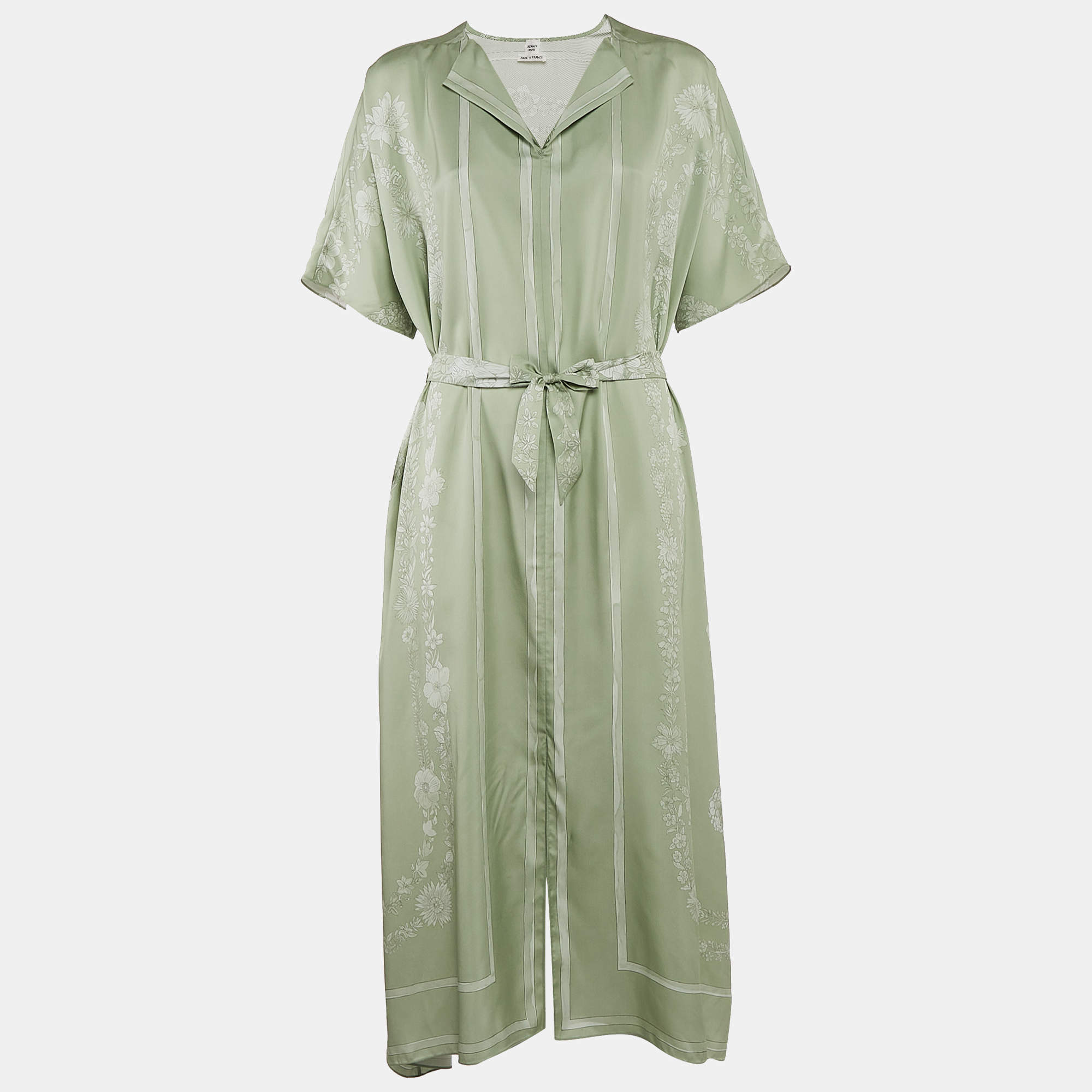 Pre Owned Hermès Green Printed Silk Belted Maxi Dress M