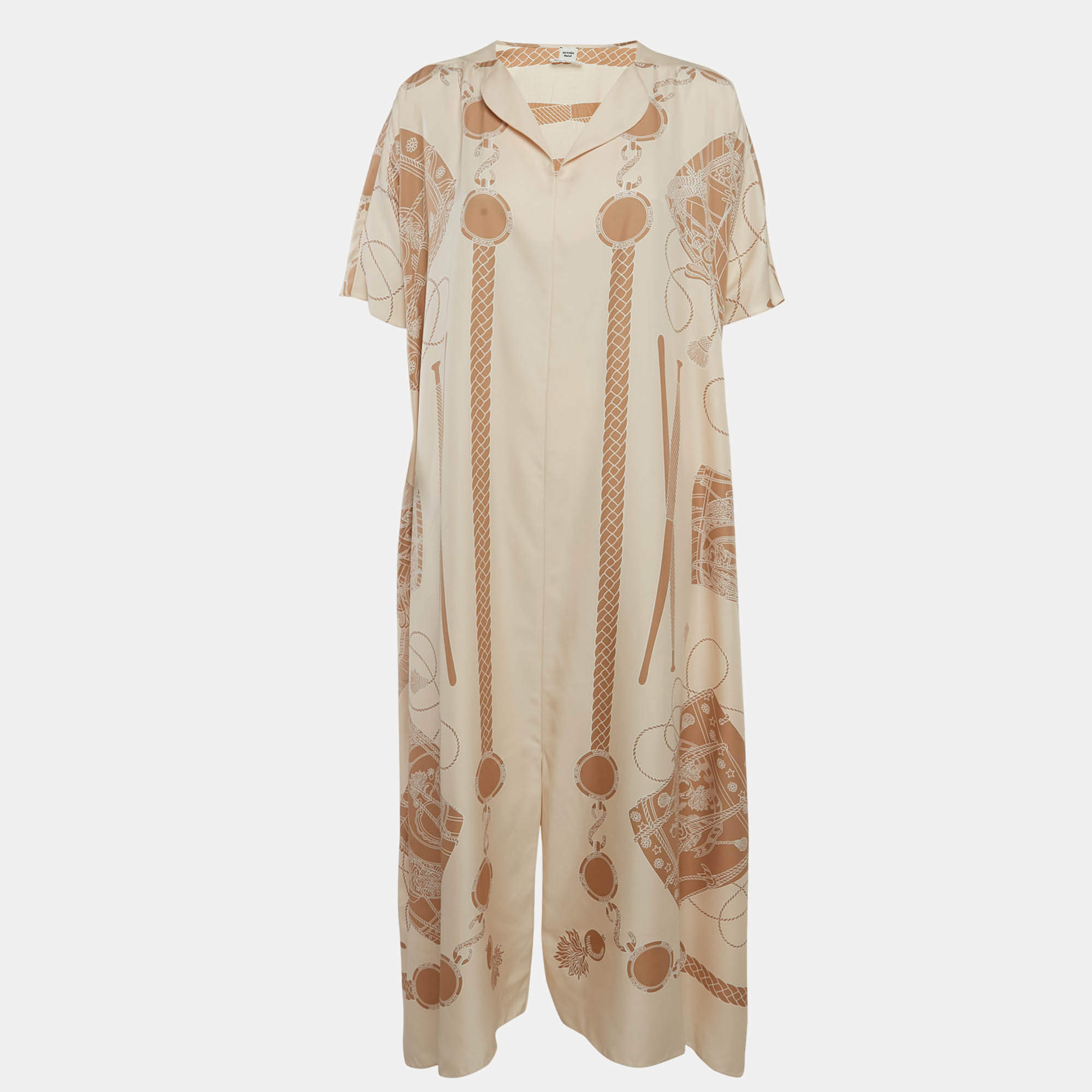 Pre Owned Hermes Beige Les Tambours Print Silk Tunic Midi Dress M