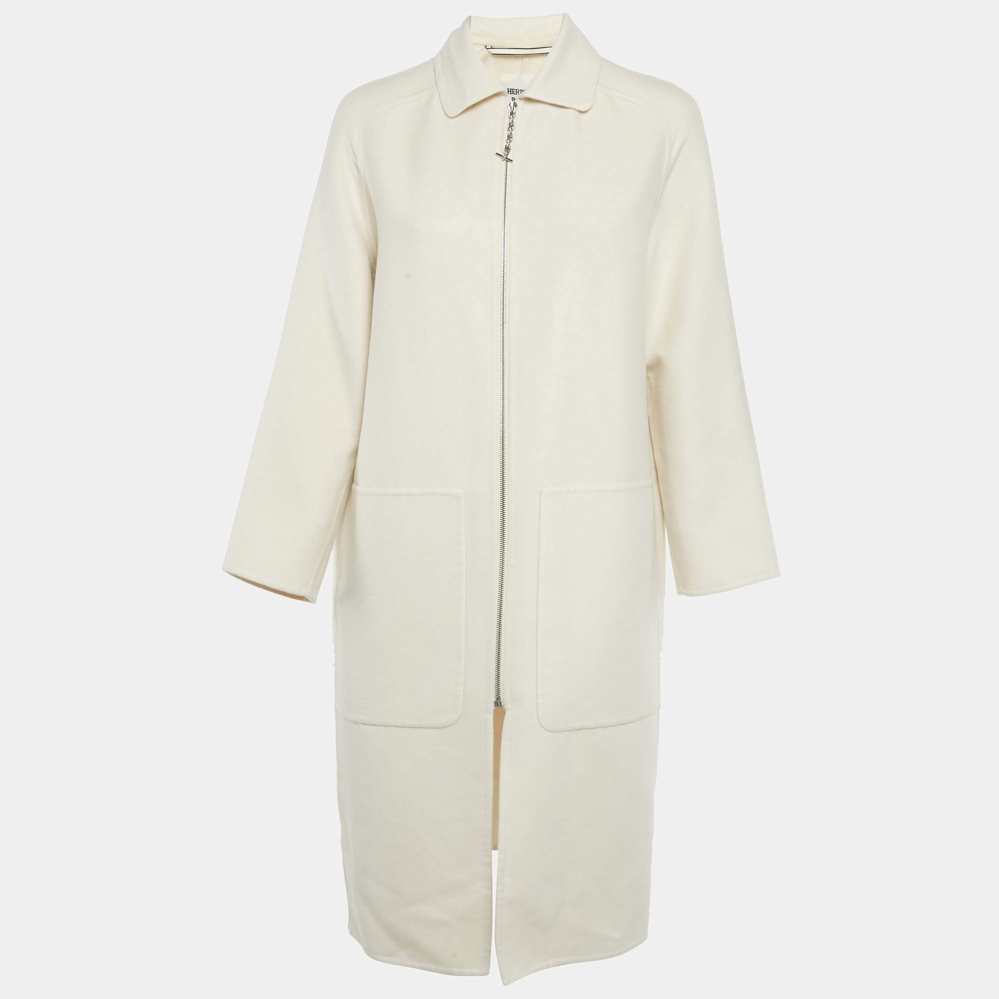 Pre Owned Hermes Cream Cashmere Zip Up Mid Length Coat S
