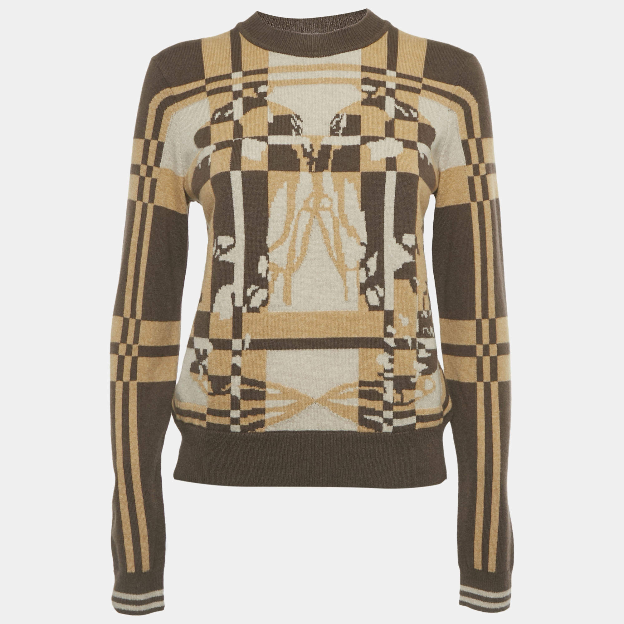 Pre Owned Hermes Brown/Beige Patterned Cashmere Brides de Gala Long Sleeve Jumper M