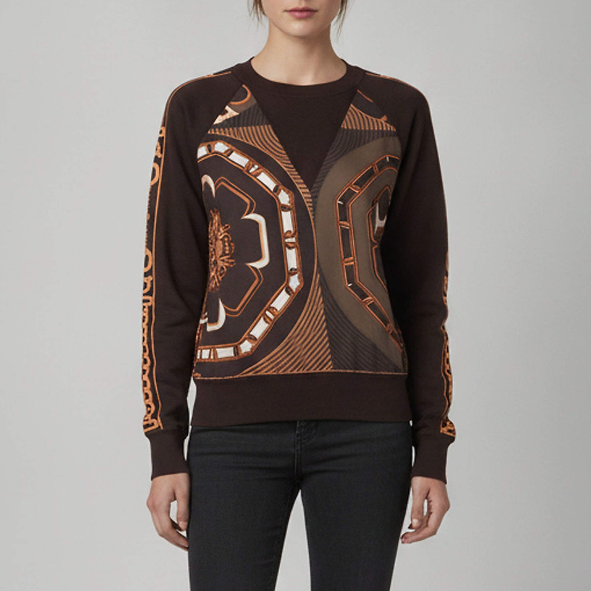 Pre Owned Hermès Brown Printed Wool Long Sleeve Sweatshirt S