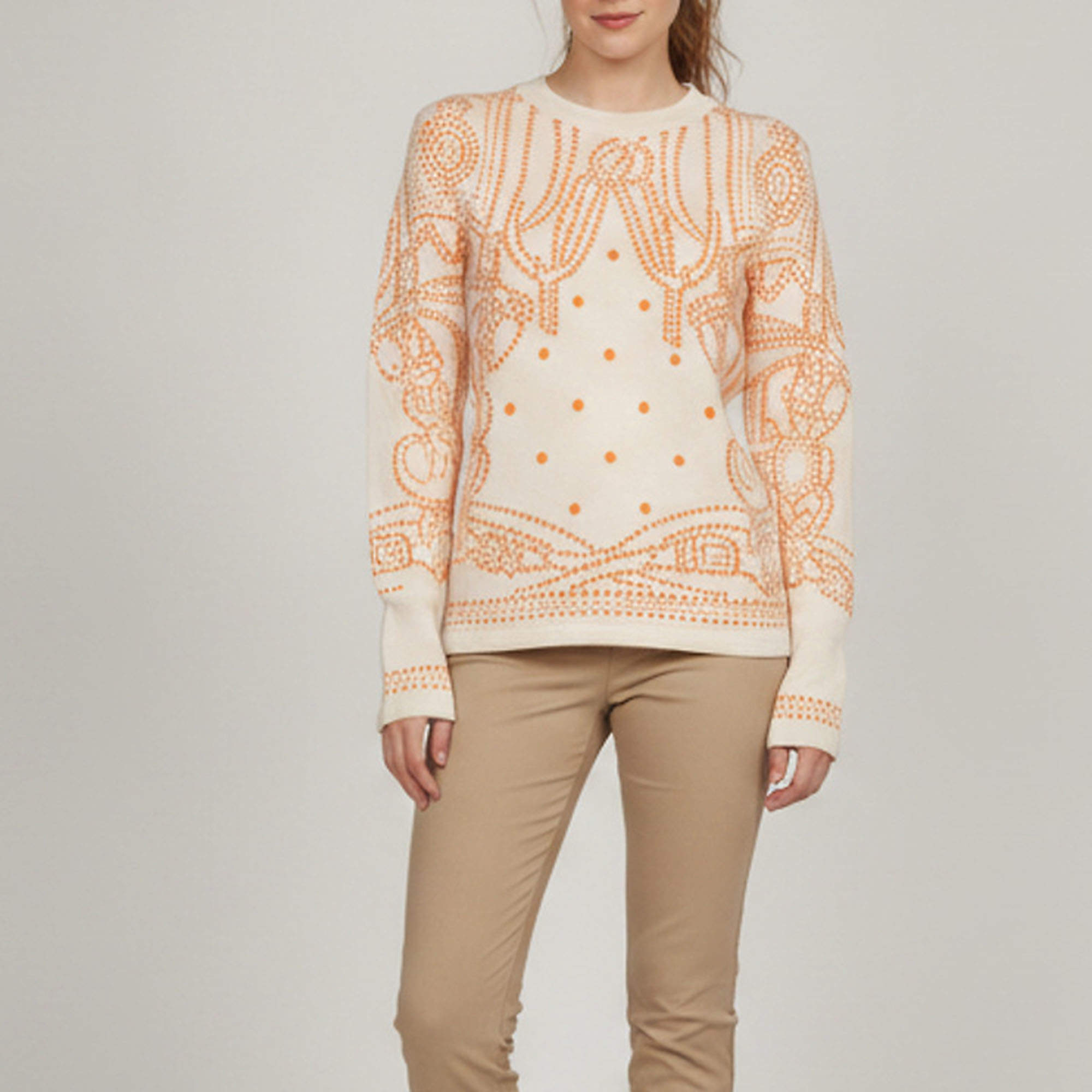 Pre Owned Hermes Cream/Orange Brides De Gala Jacquard Knit Pullover M