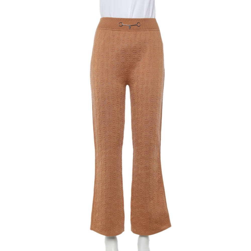 Hermes Beige Torsades Cliquetis Unies Cashmere Jacquard Knit Bootcut Pants M