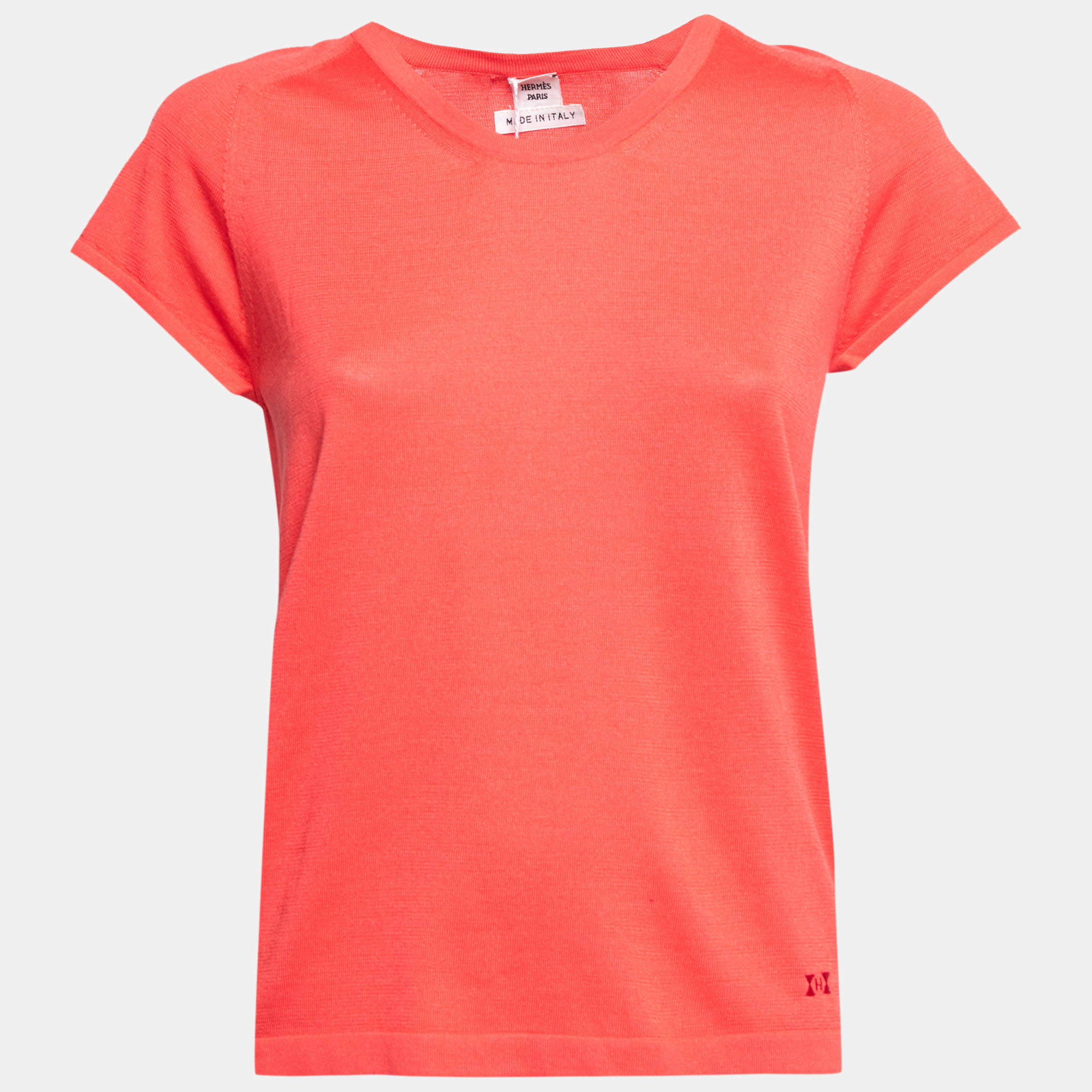 Pre Owned Hermes Coral Pink Silk Knit Short Sleeve Sweater M