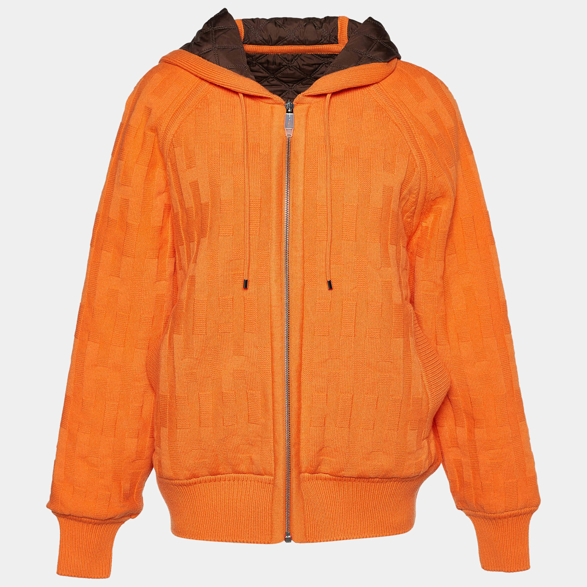 Pre Owned Hermes Orange & Brown Wool Quilted Reversible Zipped Cardigan S