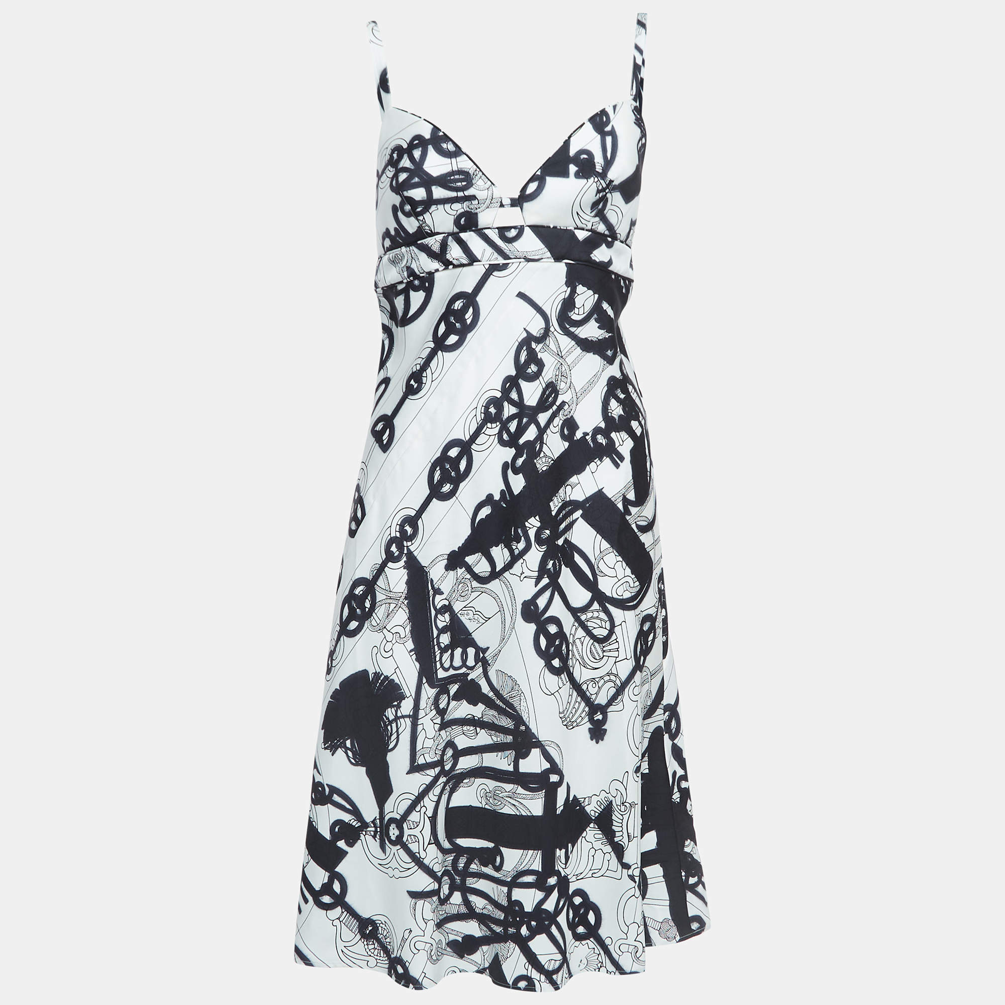 Hermes White/Black Printed Silk Twill Midi Dress M