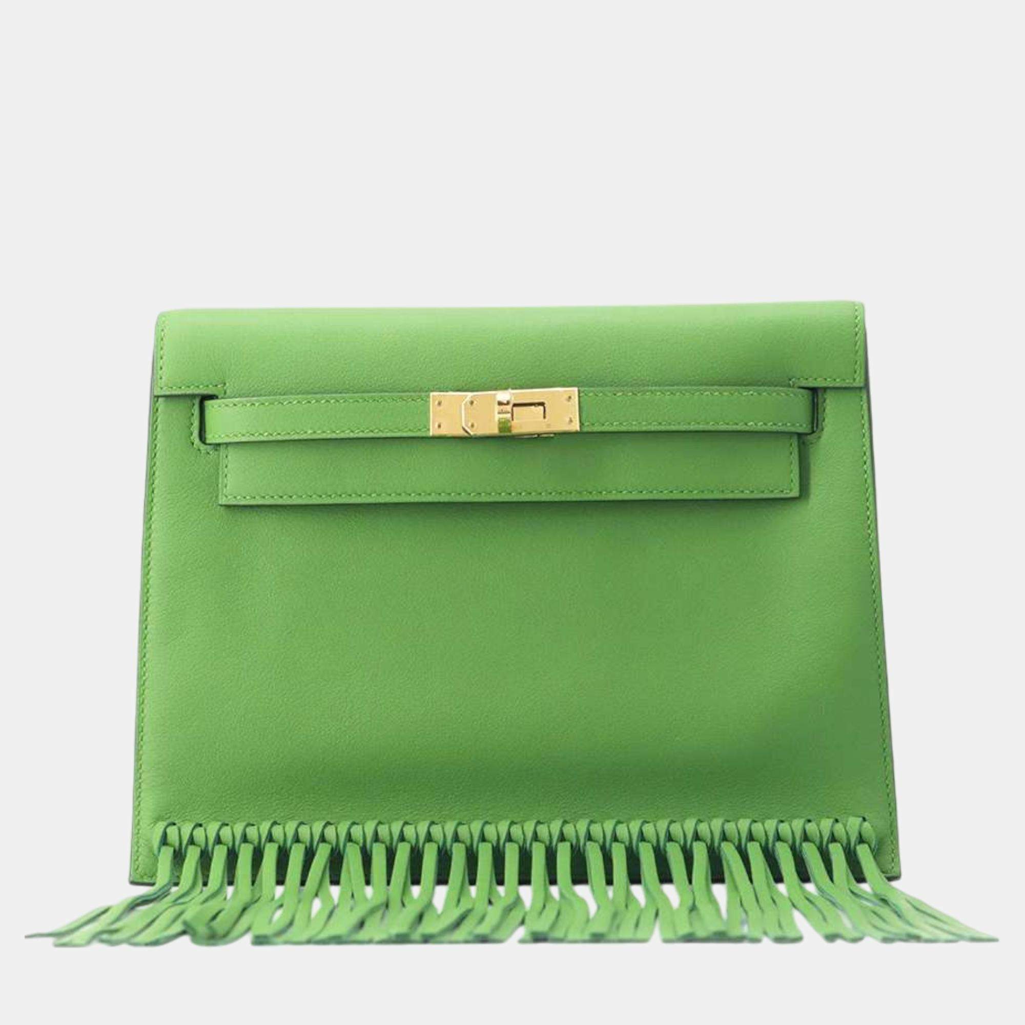 Hermes Vert Yucca Swift Leather Kelly Danse II Anate Fringe Shoulder Bags