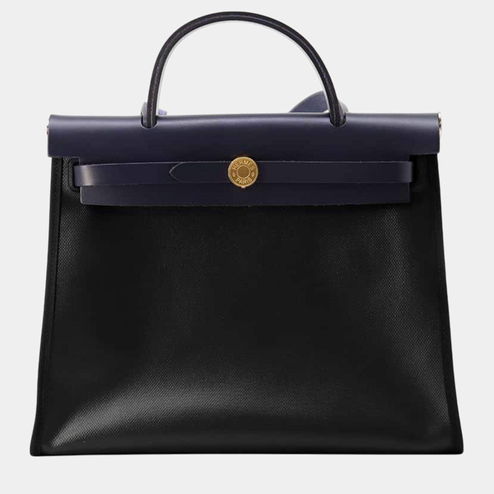 Pre Owned Hermes Herbag Zip Le Tourne Black/Blue Nuit Toile H Berline Vache Hunter Leather Size PM