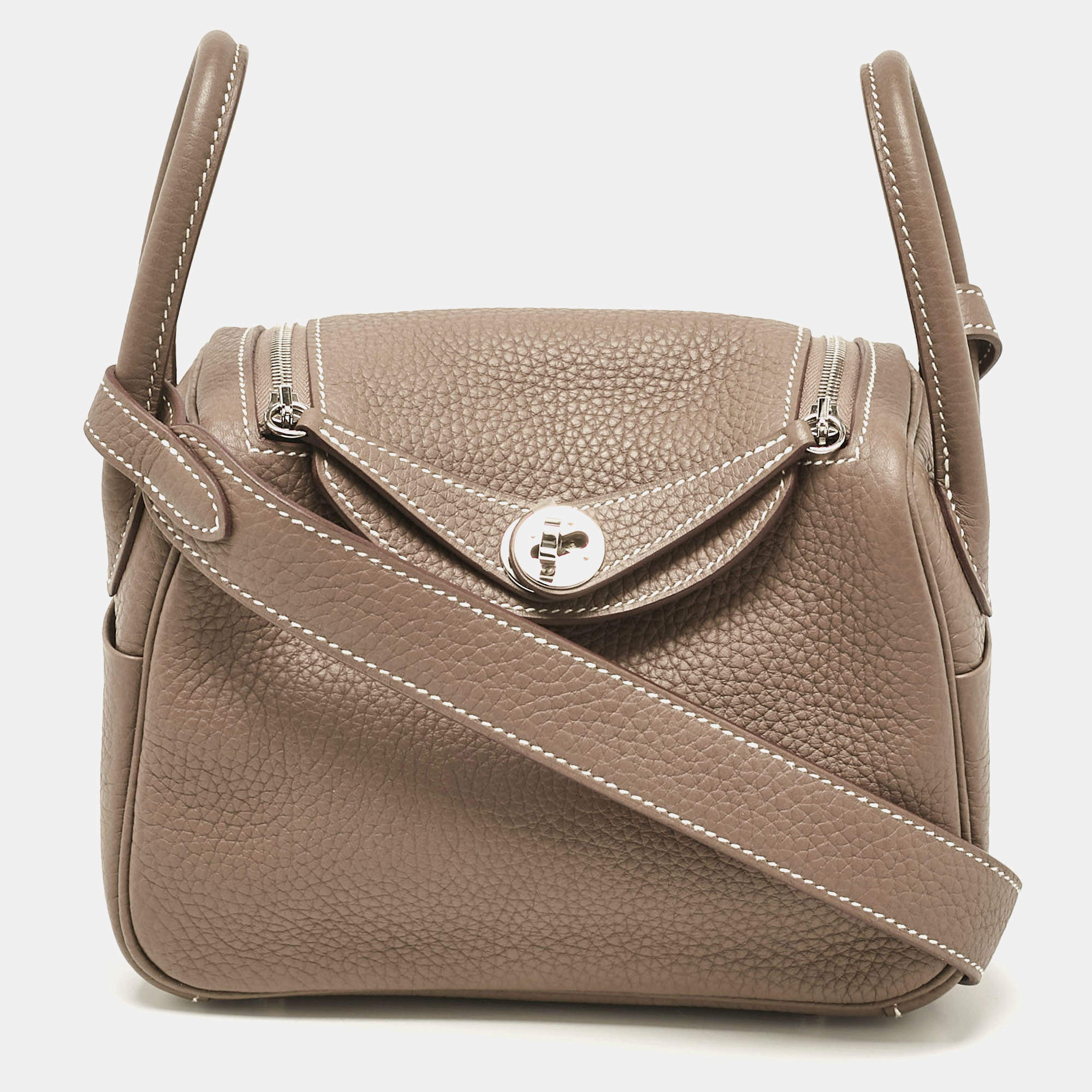 Hermes Etoupe Togo Leather Palladium Finish Mini Lindy Bag