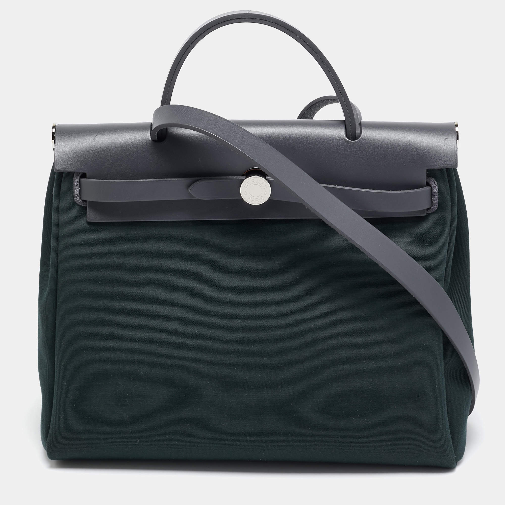 Pre Owned Hermès Vert Cypres/Gris Misty Toile and Vache Hunter Herbag Zip 31 Bag