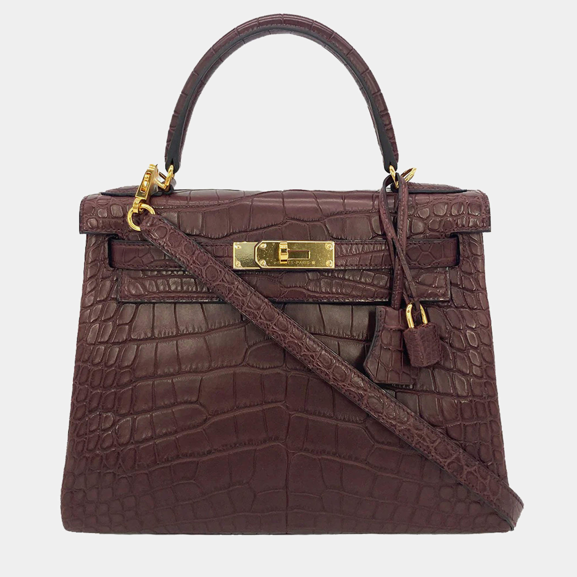 Hermes Bordeaux Matte Alligator Gold Hardware Kelly 28