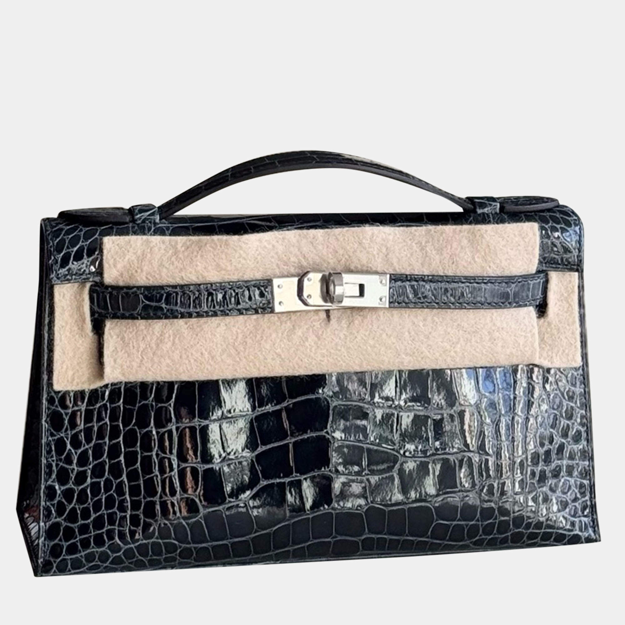 Hermes Black Shiny Crocodile Leather Kelly Pochette Handbag