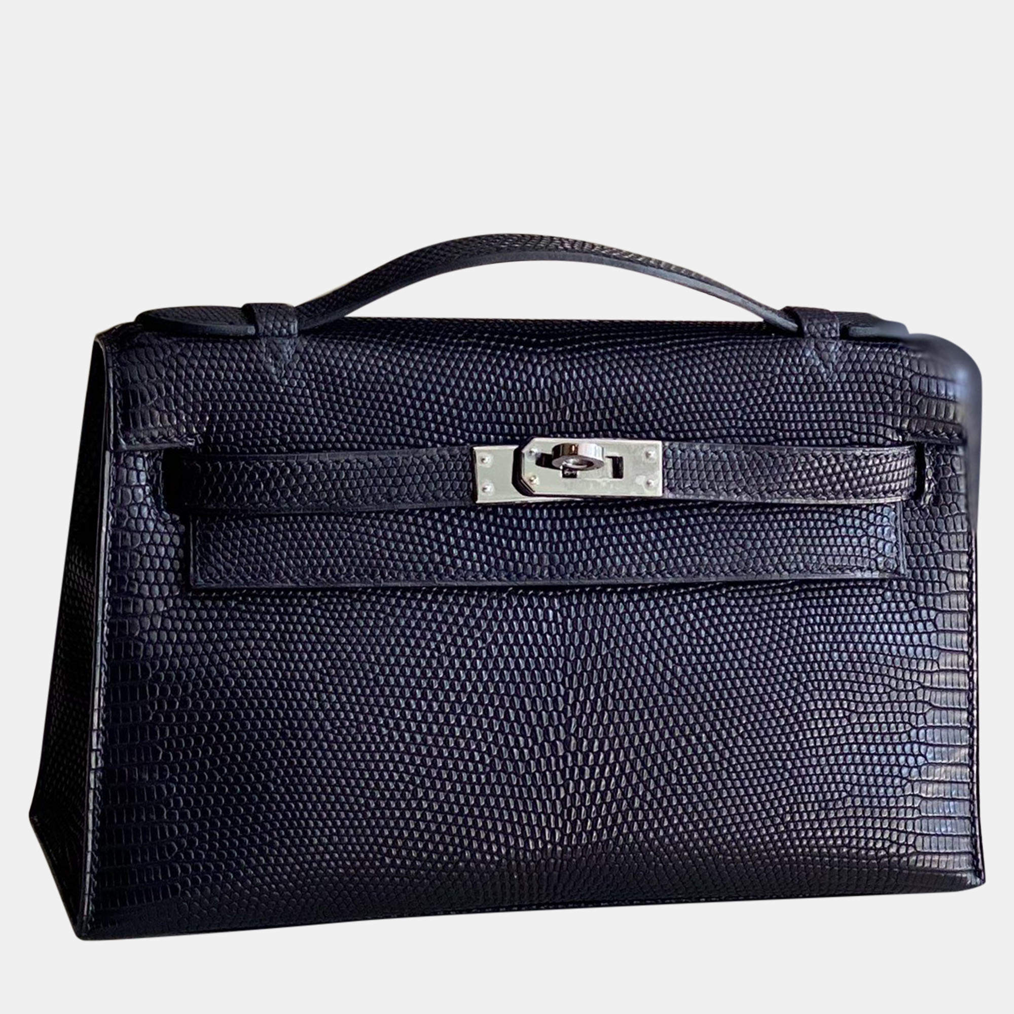 Hermes Black Lizard Kelly Pochette Handbag