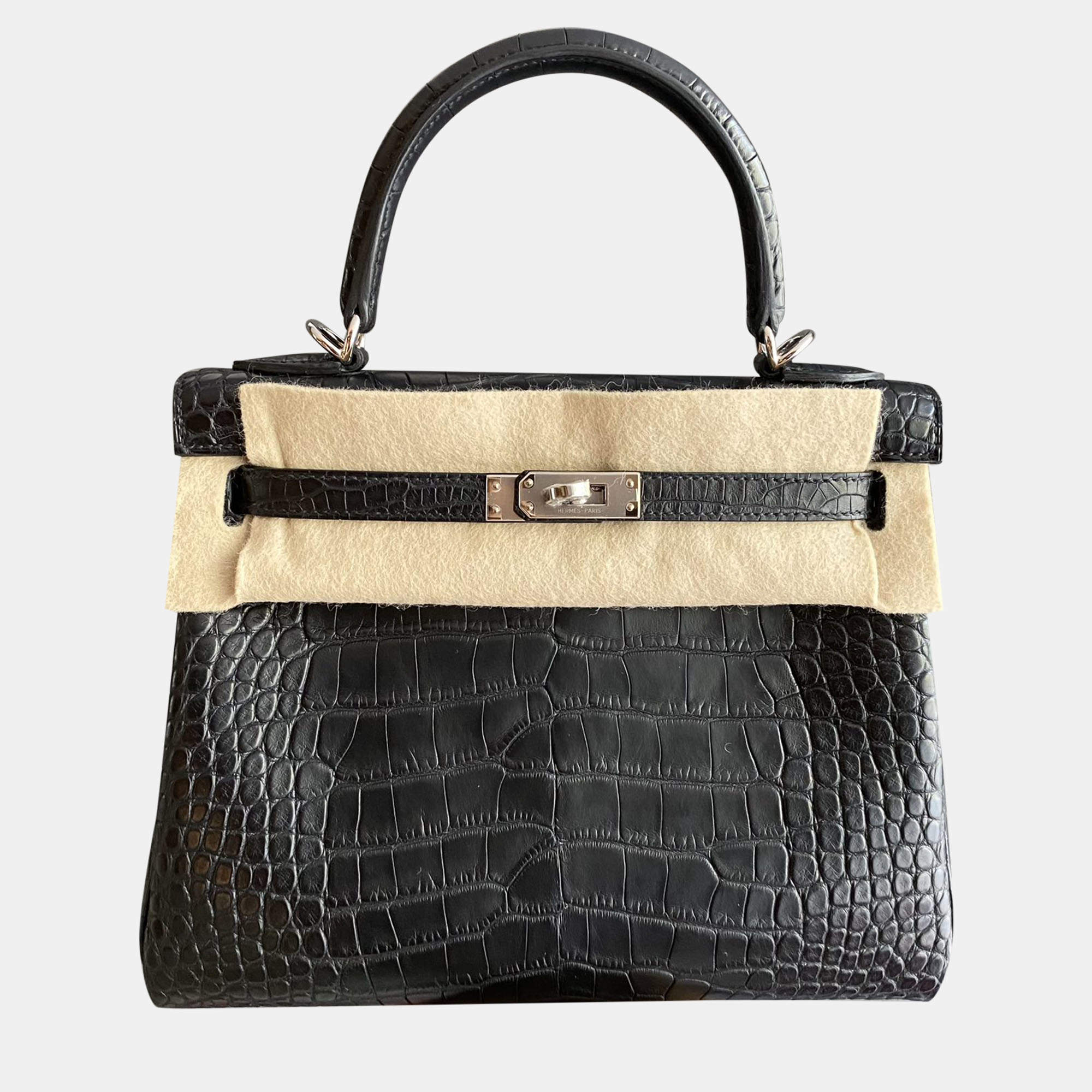 Hermes Black Alligator Leather Kelly 25 Top Handle Bag