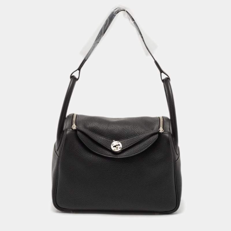 Hermes Noir Taurillon Clemence Leather Palladium Finish Lindy 30 Bag