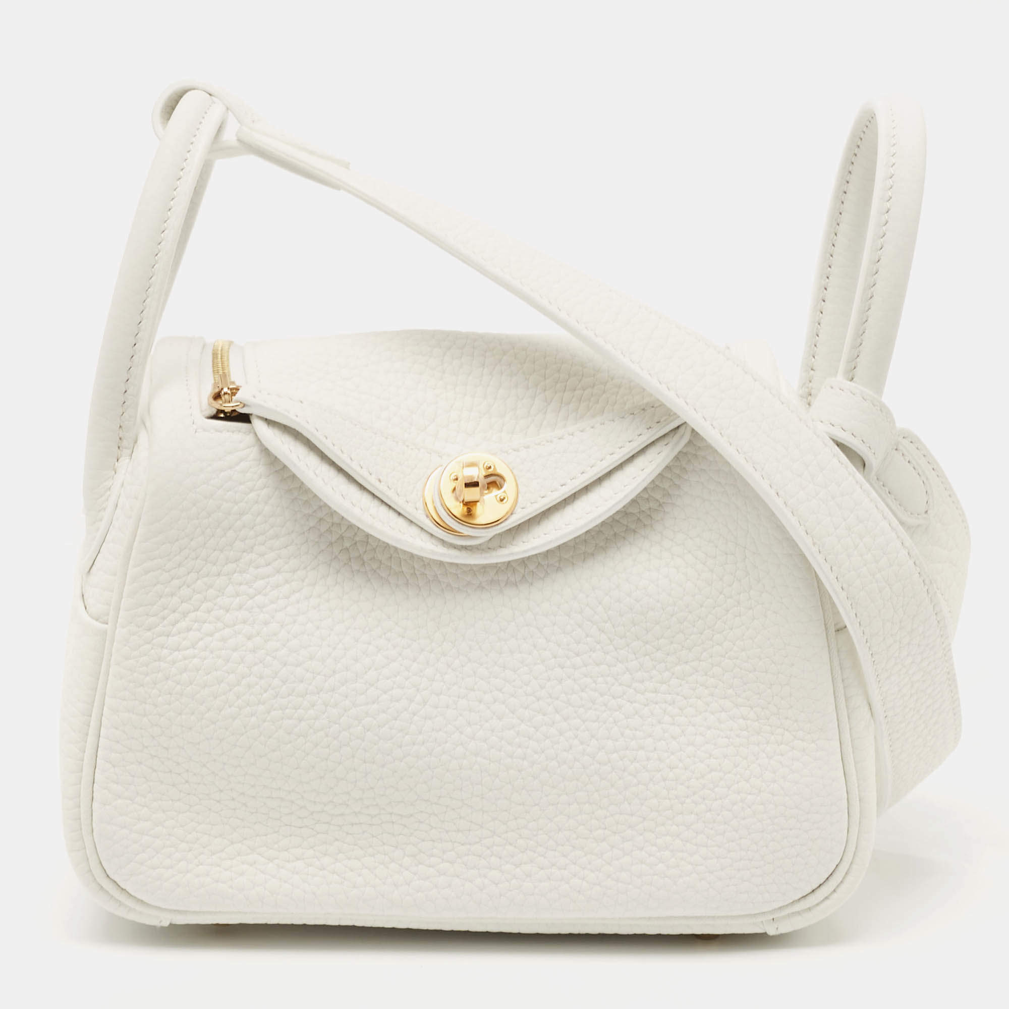 Hermès Blanc Taurillon Clemence Leather Gold Finish Mini Lindy Bag