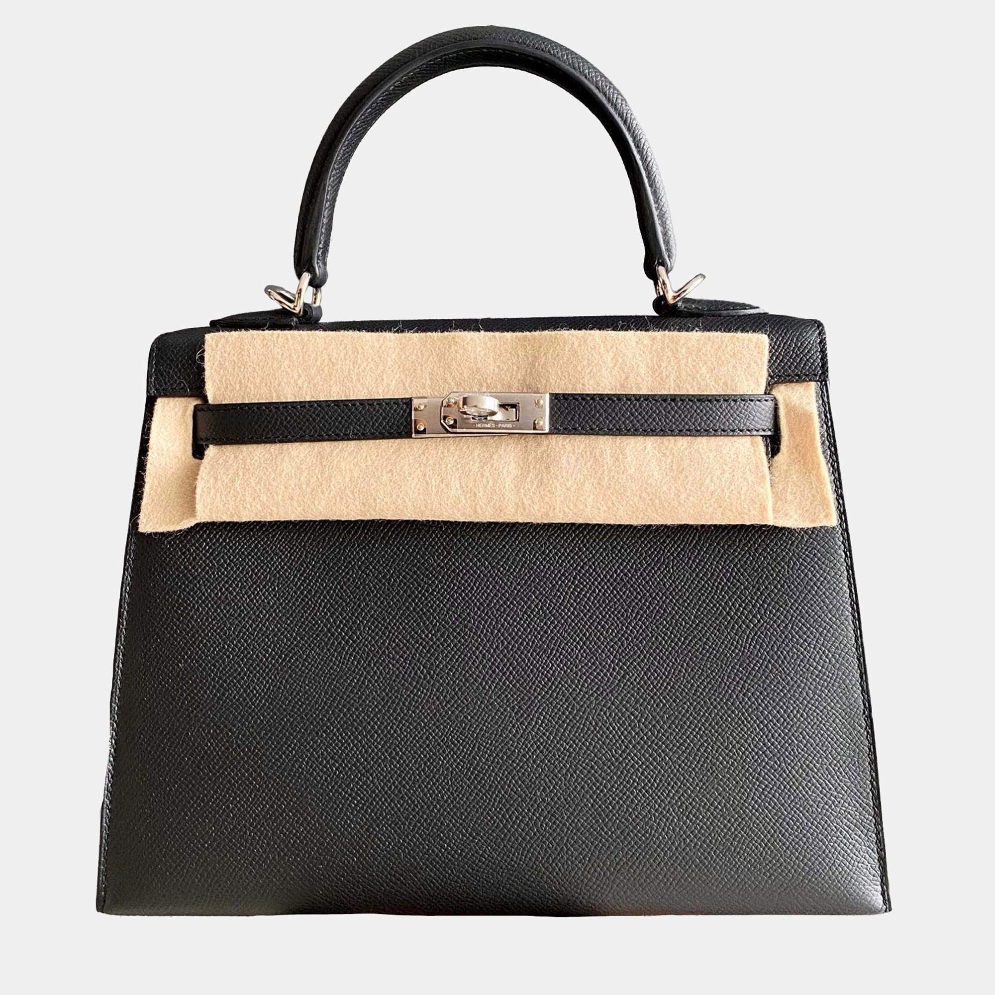Hermes Black Epsom Leather Kelly 25 Top Handle Bag