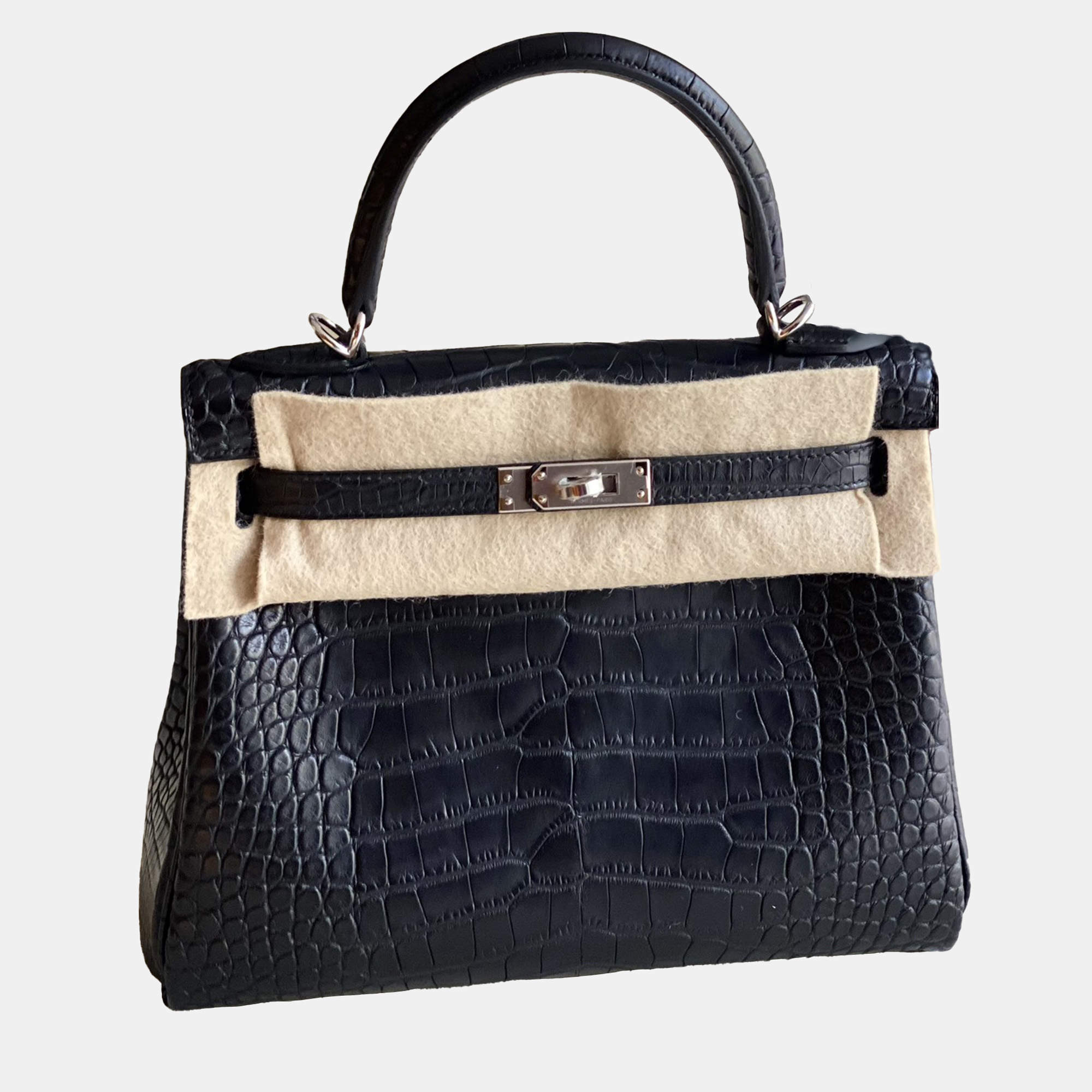 Hermes Black Matte Crocodile Leather Kelly 25  Shoulder Bag