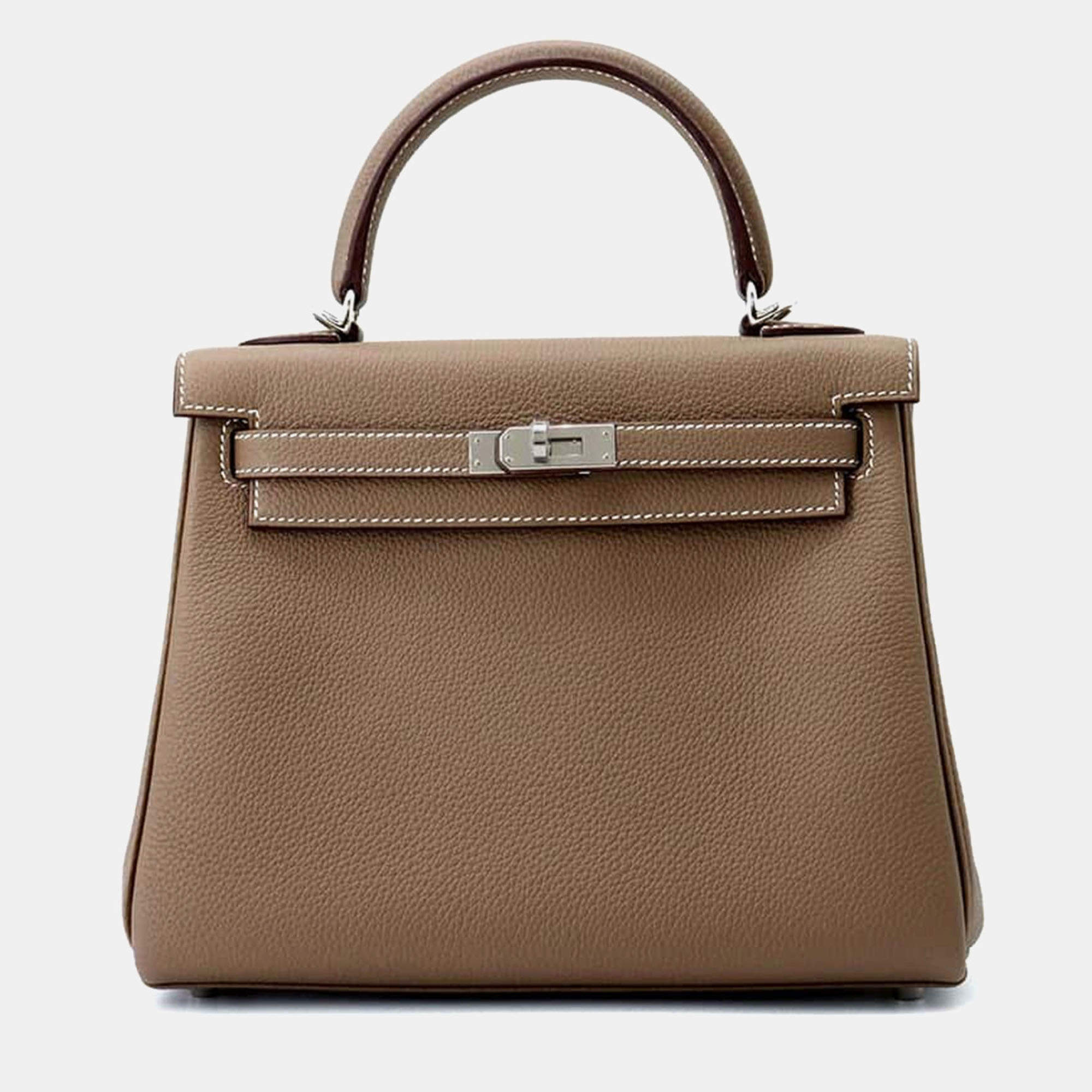 Hermes Etoupe Togo Leather Kelly 25 Top Handle Bag