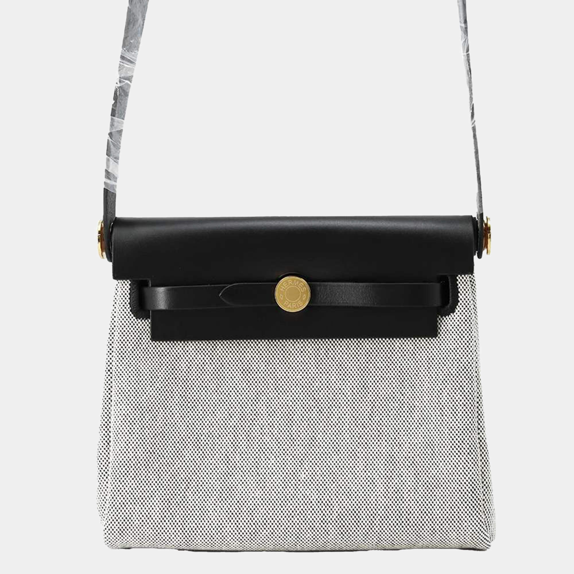 Hermes Black/Ecru Vache Hunter Leather Herbag Zip Toile Military Mini Shoulder Bag