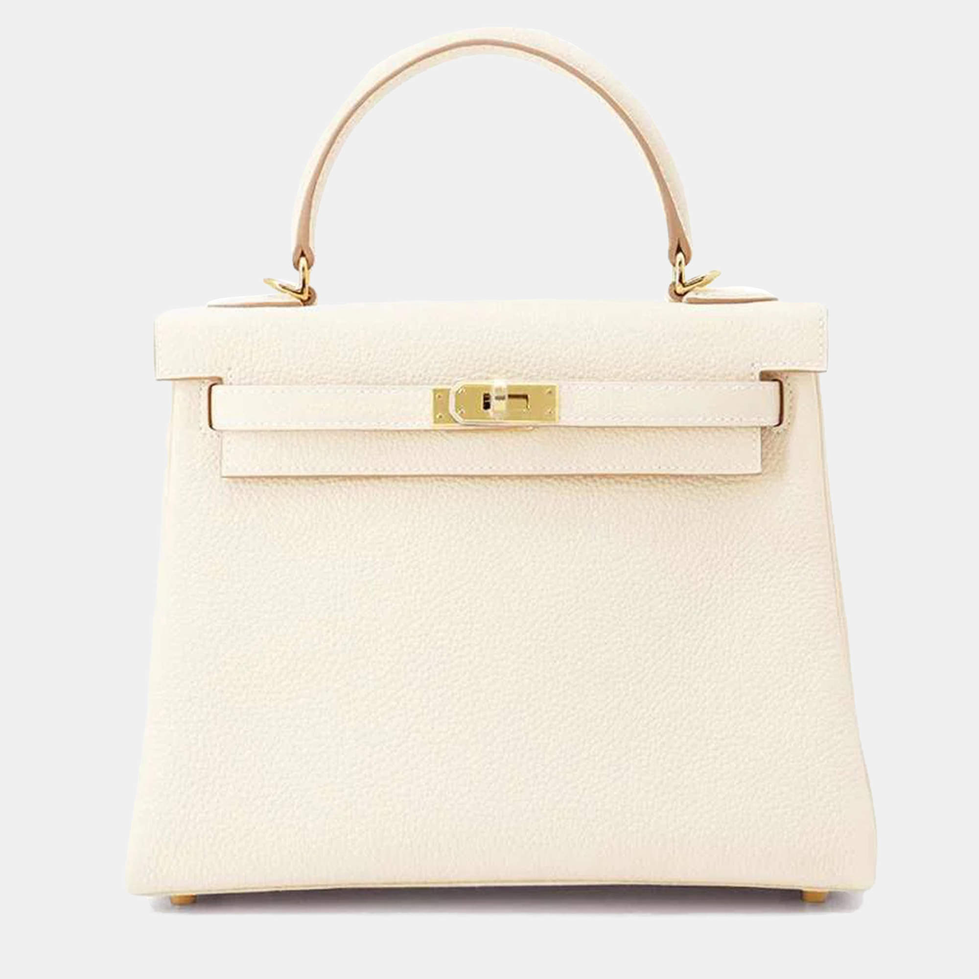 Hermes Kelly Retourne 25 Craie Togo Leather Top Handle Bag